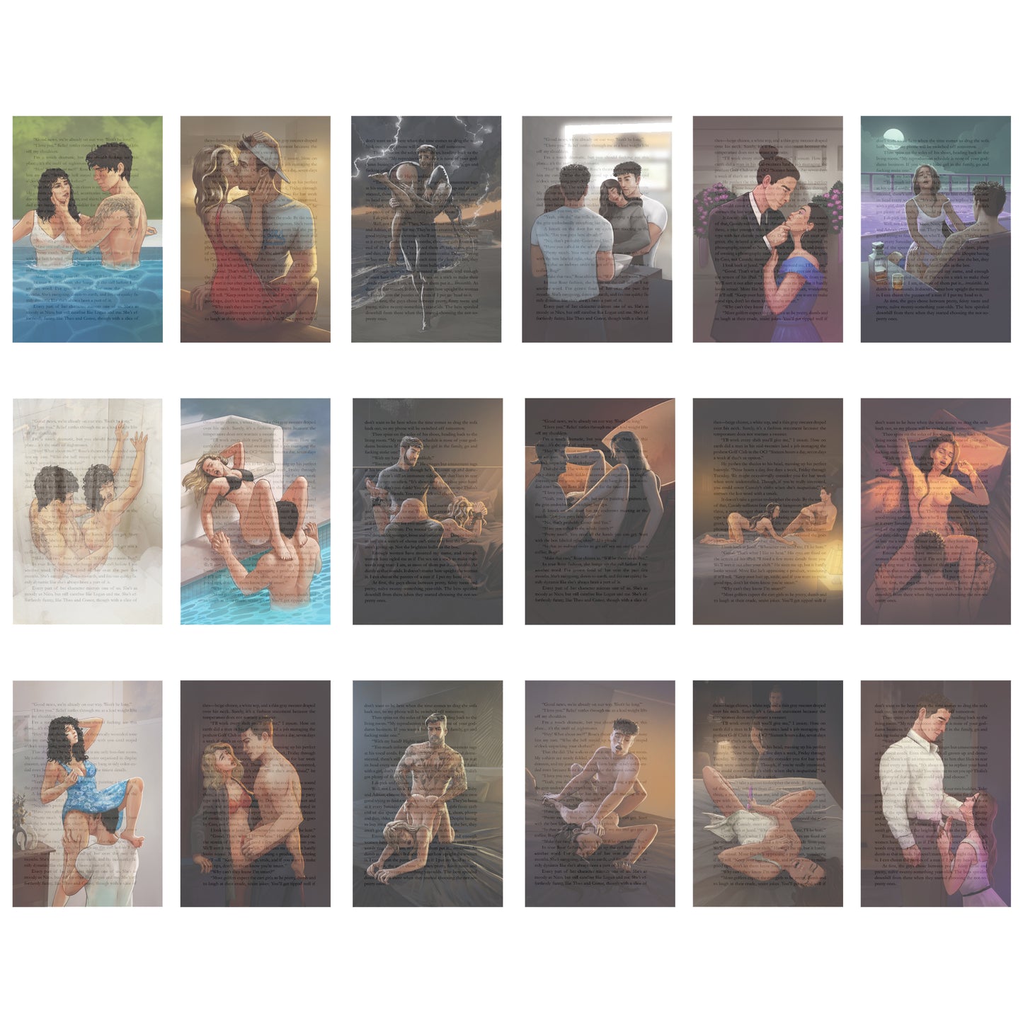 Grid of 16 small images showing various couples in intimate settings.